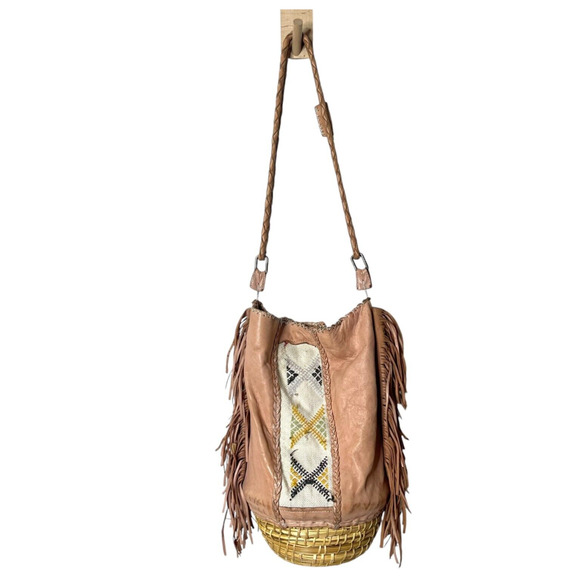 En Shalla Anthropologie Fringed Basket Bucket Bag Purse Aztec Boho Tan Brown - Picture 1 of 16